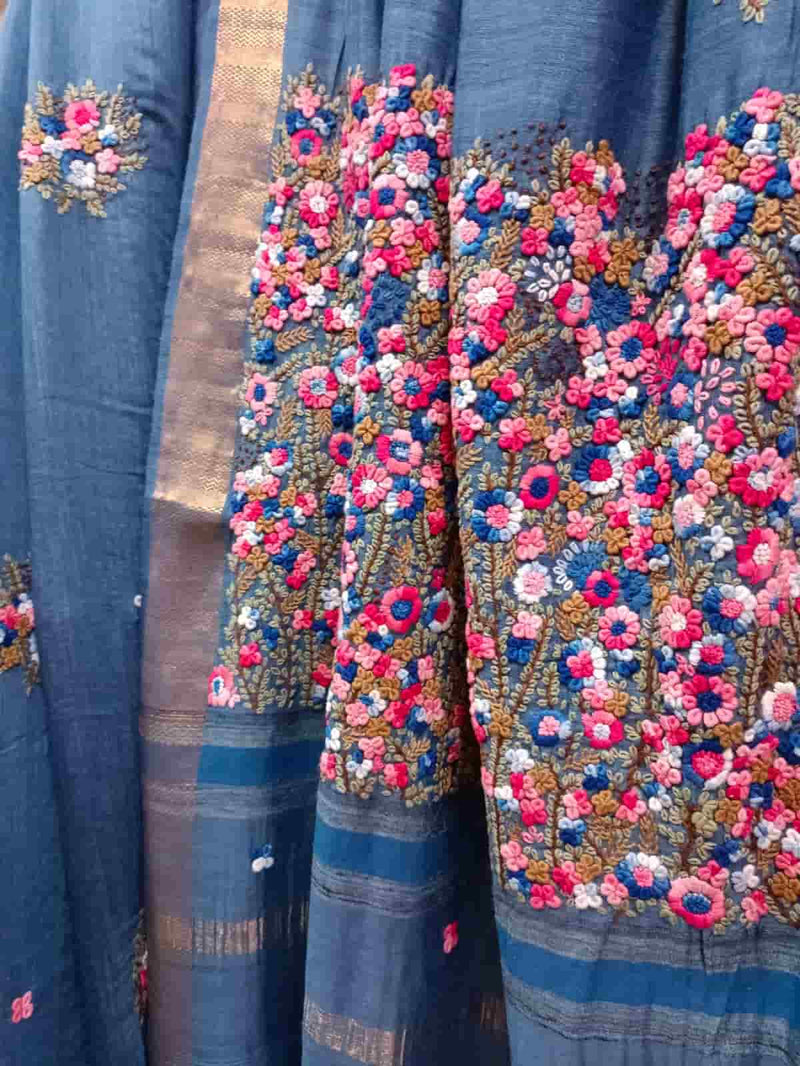 Blue & Gold Handloom Tussar Silk Saree Balaram Saha