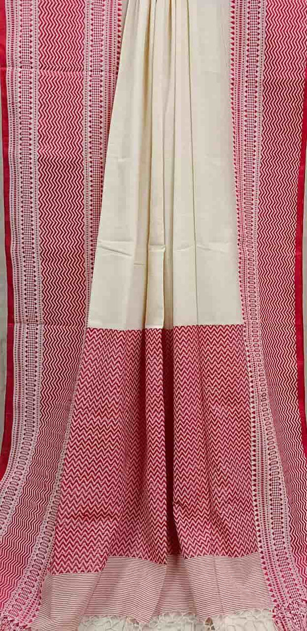 White & Red Soft Cotton Jacquard Weave Saree Balaram Saha