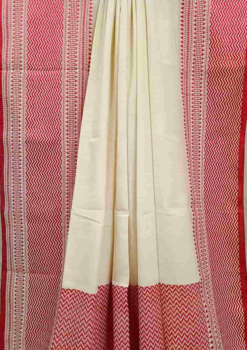 White & Red Soft Cotton Jacquard Weave Saree Balaram Saha