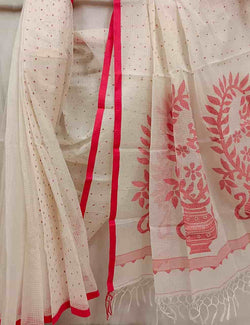 White & Red Traditional Muslin Jamdani Saree Balaram Saha