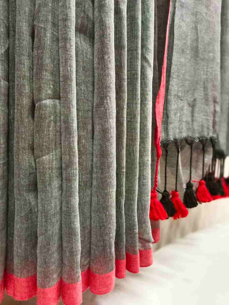 Gray & Red Handloom Soft Cotton Saree Balaram Saha
