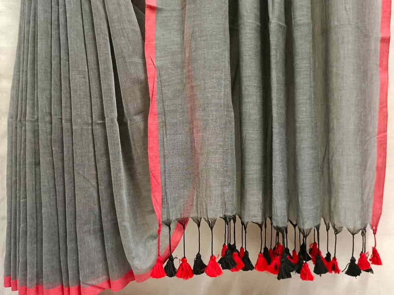 Gray & Red Handloom Soft Cotton Saree Balaram Saha
