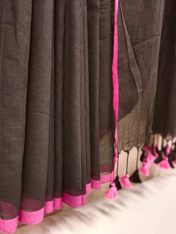 Black & Pink Handloom Soft Cotton Saree Balaram Saha