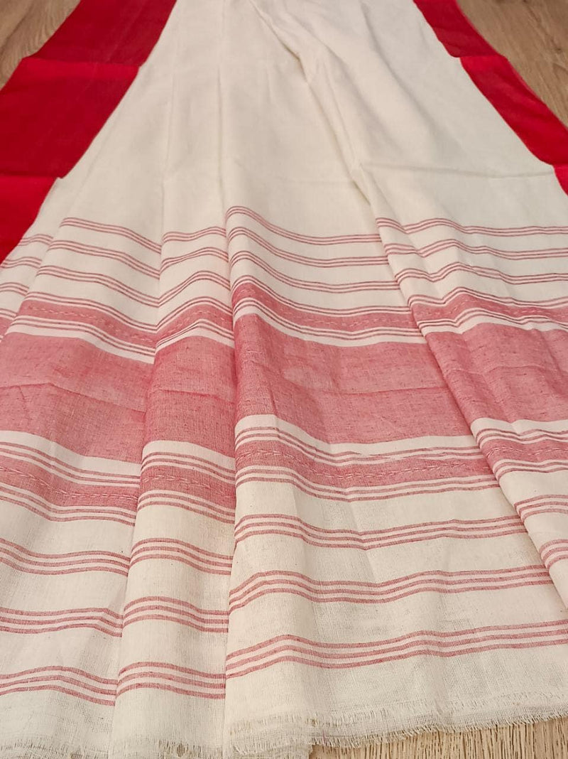 White & Red traditional soft handloom cotton saree Balaram Saha