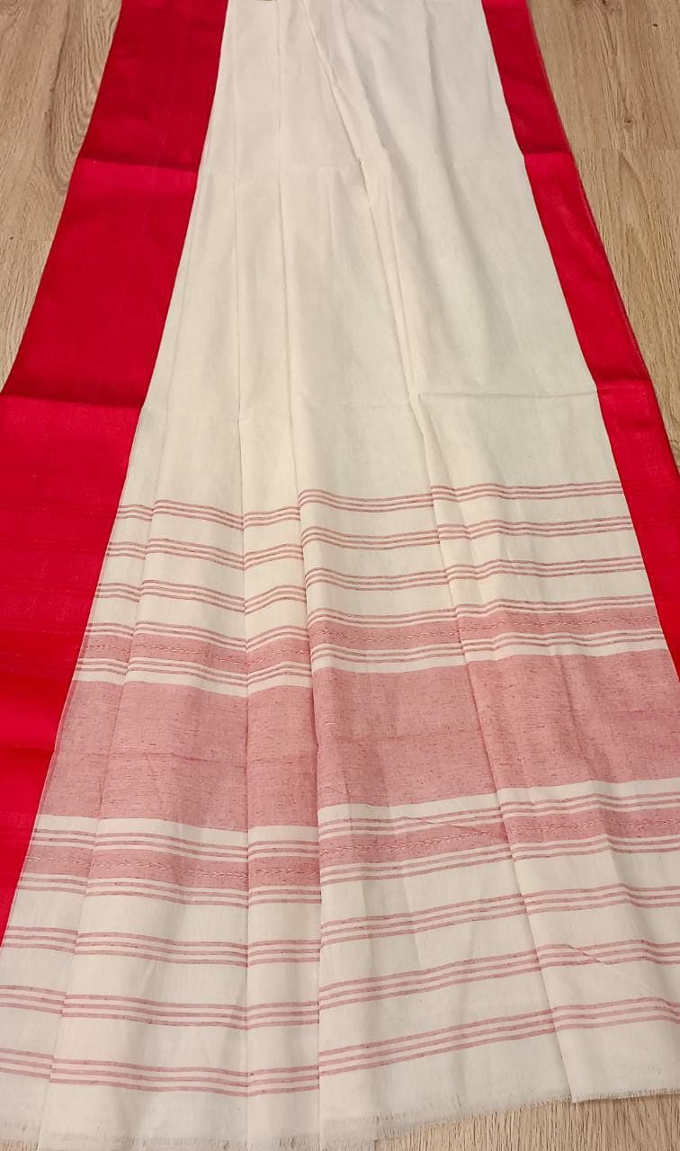 White & Red traditional soft handloom cotton saree Balaram Saha