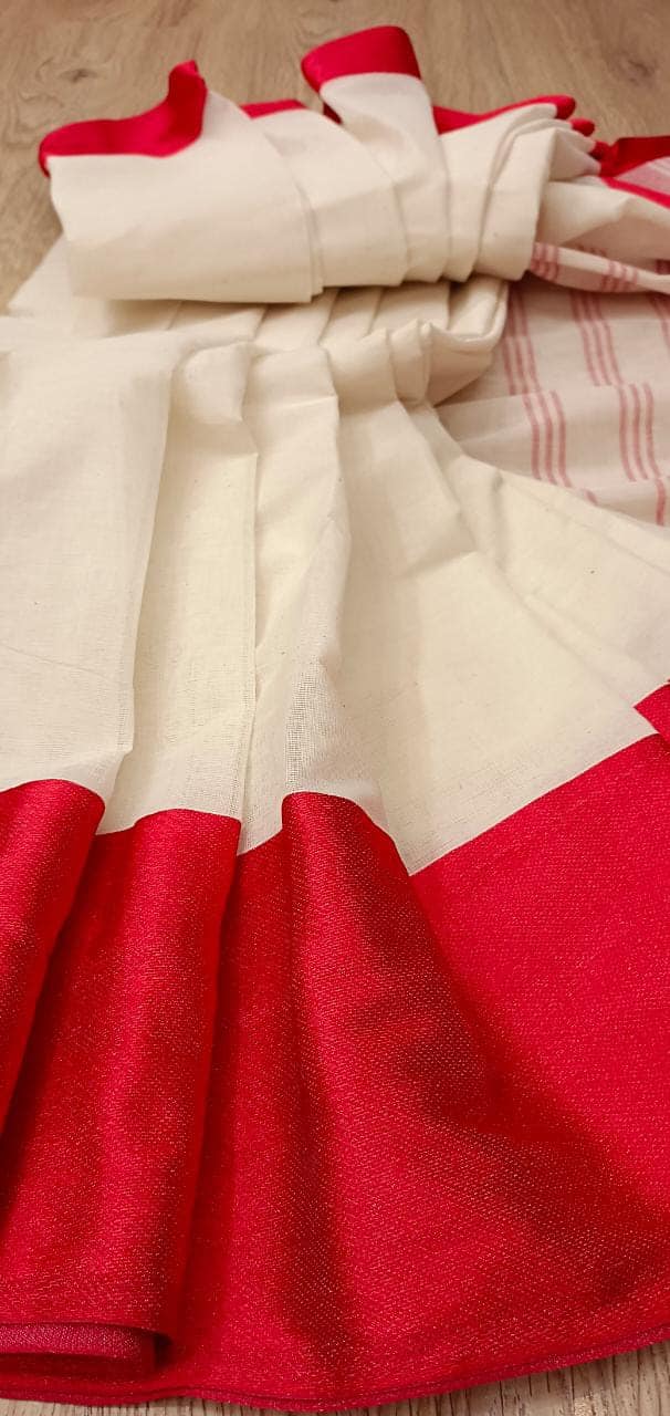 White & Red traditional soft handloom cotton saree Balaram Saha