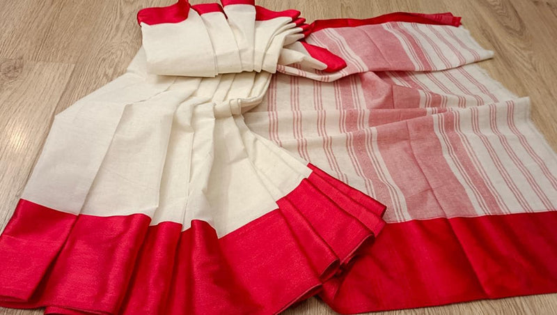 White & Red traditional soft handloom cotton saree Balaram Saha