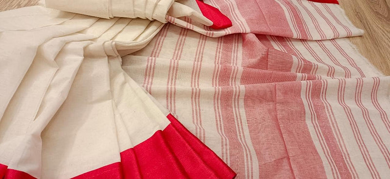 White & Red traditional soft handloom cotton saree Balaram Saha